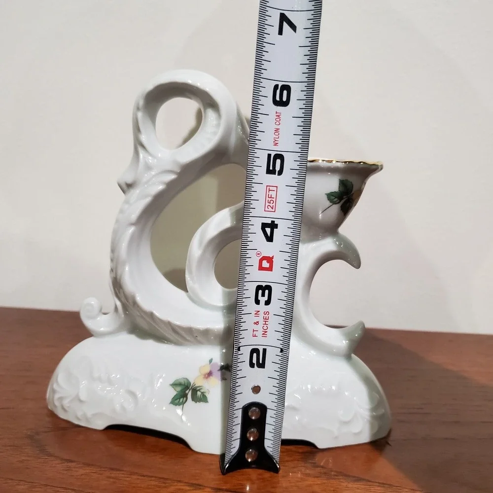 porcelain single candle stick holder white‎ with gold trim and floral design